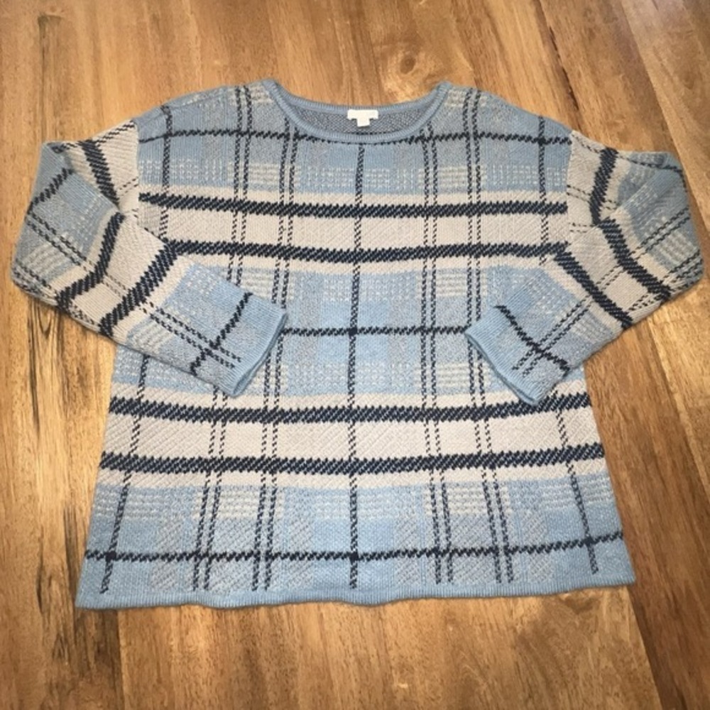 Light Blue Plaid Knit Sweater - Women